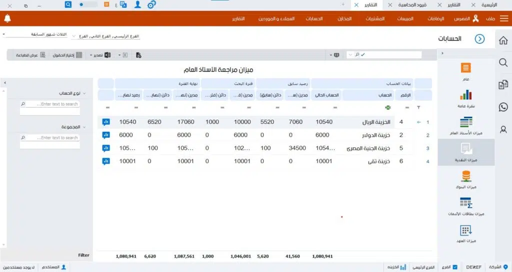 ميزان مراجعة الأستاذ العام في قوائم التدفقات النقدية